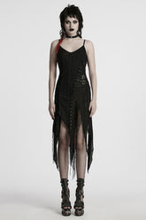 Black Sleeveless Lace Irregular Ripped Women's Gothic Party Slip Dress